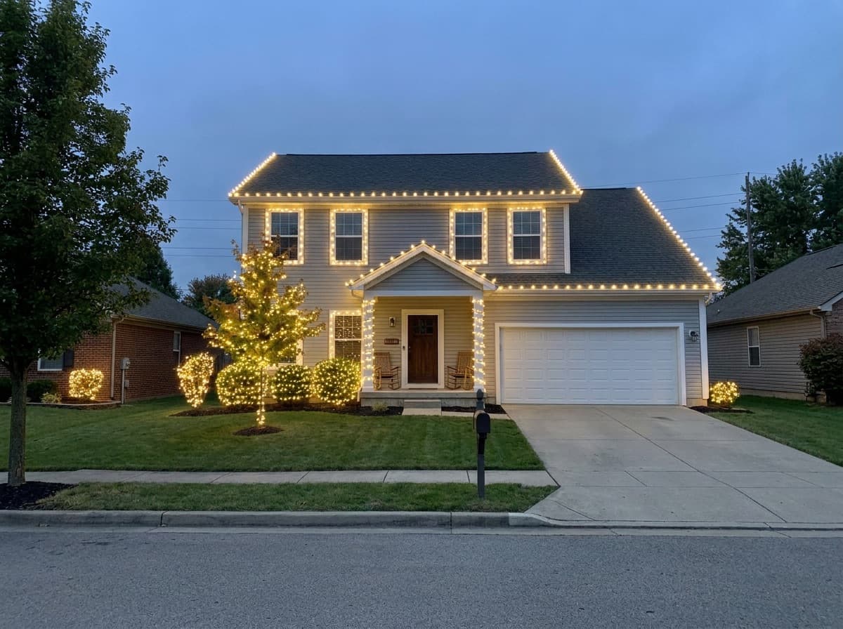 The house rendered with warm white lights
